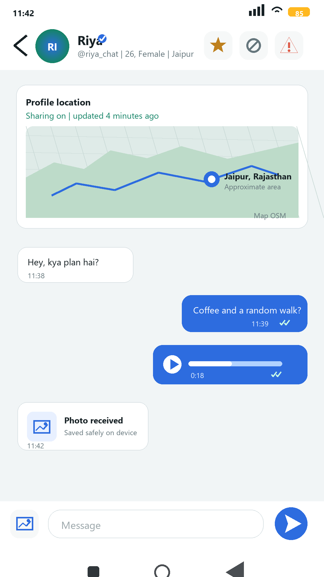RandoChat chat and profile location screen